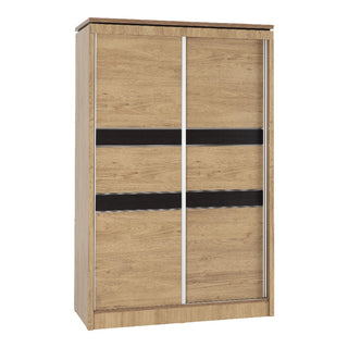 Crieff 120cm oak effect sliding wardrobe with black stripe detail – front angle view