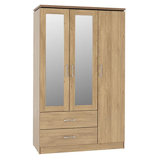 The CHOICEWARDROBE Crieff Oak Effect 3 Door Mirrored Wardrobe features two full-length mirrored doors, two bottom drawers with sleek handles, and a modern oak effect finish—ideal for organized storage and contemporary style.