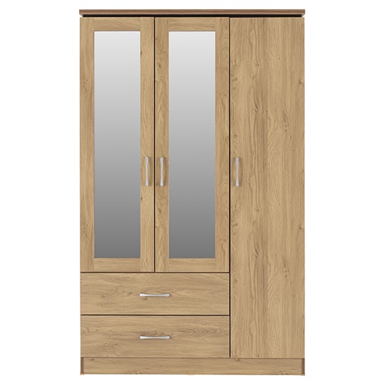 Oak effect 3-door wardrobe with two mirrored doors and two drawers