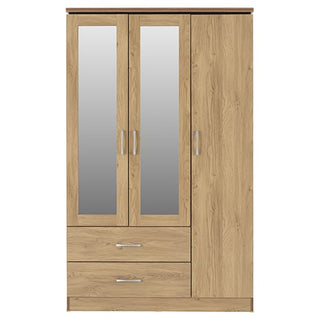 The CHOICEWARDROBE Crieff Oak Effect 3 Door Mirrored Wardrobe features two mirrored center doors, a solid right door, two bottom drawers, silver handles, and an oak effect veneer for a modern look.