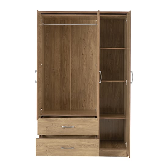 Oak effect 3 door wardrobe with two drawers and a hanging rail. Open compartments shown.