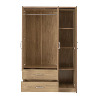 The CHOICEWARDROBE Crieff Oak Effect 3 Door Mirrored Wardrobe features two drawers, a hanging rail on the left, and three shelves on the right; all compartments are open and empty.