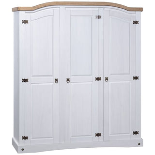 The CHOICEWARDROBE Croydon 4 Door Wooden Wardrobe in white with an oak top features metal hinges and classic rustic design, making it perfect for bedroom storage with its spacious and timeless style.