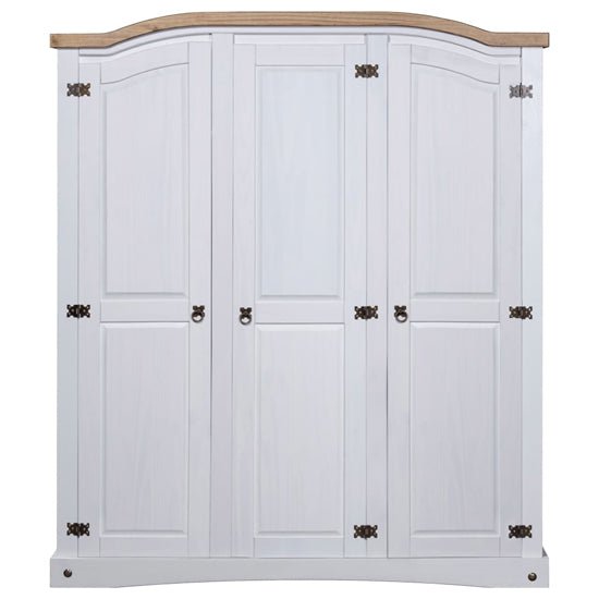 White 4 door wooden wardrobe with oak top and metal hinges