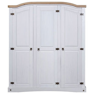 The CHOICEWARDROBE Croydon 4 Door Wooden Wardrobe in white with an oak top offers classic rustic bedroom storage, featuring decorative metal hinges and handles, recessed door panels, and a curved edge for elegant style.