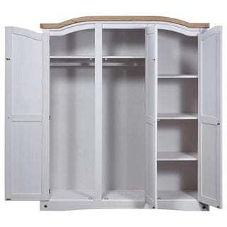 The CHOICEWARDROBE Croydon 4 Door Wooden Wardrobe in white with an oak top features two hanging sections and four shelves, combining classic rustic style and metal hinges for stylish, practical bedroom storage.