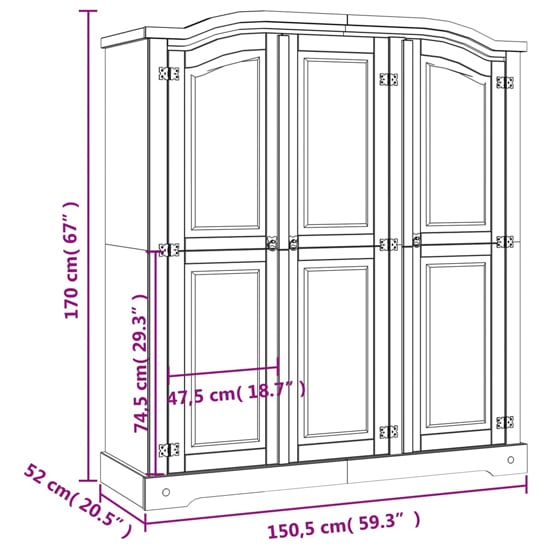 Line drawing of CHOICEWARDROBE Croydon 4-door wooden wardrobe in white with oak top, showing dimensions.