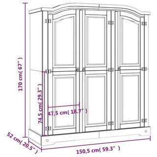 Line drawing of the CHOICEWARDROBE Croydon 4 Door Wooden Wardrobe in white with oak top, for bedroom storage. Features metal hinges. Measurements: 170 cm tall, 150.5 cm wide, 52 cm deep; door height 74.5 cm; inner section height 47.5 cm.