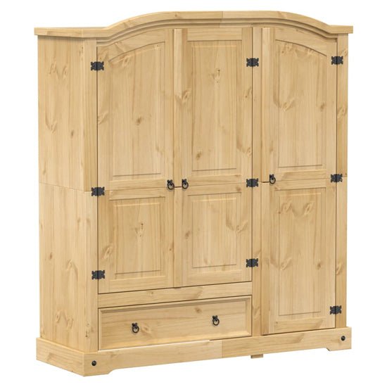 Solid pine 3 door wardrobe in honey wax finish with arched top and black iron detailing.