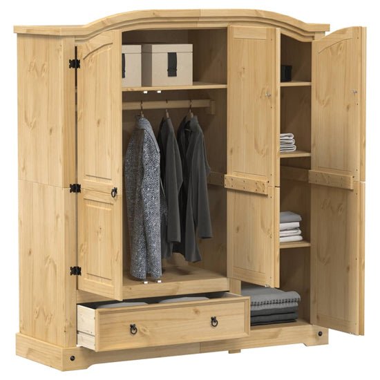 CHOICEWARDROBE 3-door pine wardrobe with honey wax finish, arched top, black iron handles and open drawer.