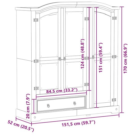 Line drawing of 3-door pine wardrobe with drawer, H170cm x W151.5cm x D52cm.