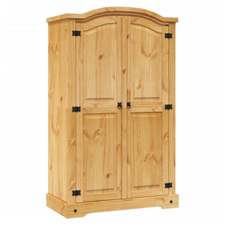The CHOICEWARDROBE Croydon Pine 2 Door Wardrobe features a natural wooden finish, paneled doors, black metal hinges, and a sturdy base in a traditional country style with a simple, classic design.