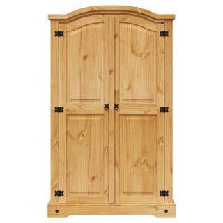 The CHOICEWARDROBE Croydon Pine 2 Door Wardrobe features a natural wooden finish, black metal hinges and handles, an arched top edge, paneled doors, and a flat base for classic country style.