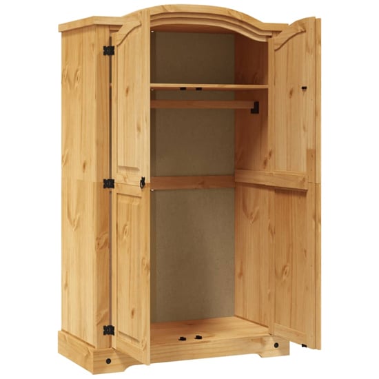 Open solid pine 2-door wardrobe with hanging rail and top shelf, traditional country style.