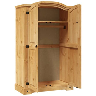 The CHOICEWARDROBE Croydon Pine 2 Door Wardrobe showcases a natural wood finish, black metal hinges, double doors revealing a top shelf, hanging rod, and open space below for storage—perfect for a traditional country style room.