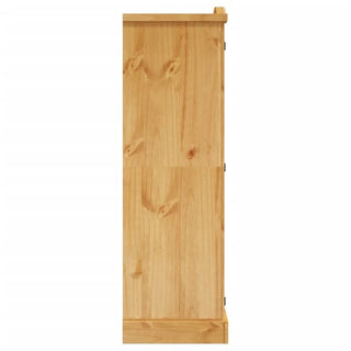 A side view of the CHOICEWARDROBE Croydon Pine 2 Door Wardrobe shows its natural wooden finish, visible wood grain, black metal hinges, flat top, and rectangular base—offering traditional country style charm.