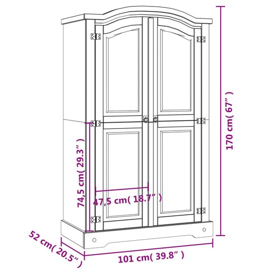 Line drawing of a 2-door pine wardrobe showing dimensions: 170cm (H) x 101cm (W) x 52cm (D).