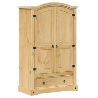 The CHOICEWARDROBE Croydon Pine 2 Door Wardrobe with Drawer features an arched top, black iron detailing, a spacious drawer, and a light natural finish—perfect for stylish bedroom storage.