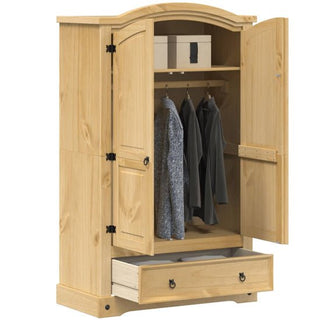 The CHOICEWARDROBE Croydon Pine 2 Door Wardrobe with Drawer features an arched top, black iron detailing, a hanging rod with three shirts, two storage boxes on the top shelf, and a large drawer at the bottom for organized bedroom storage.