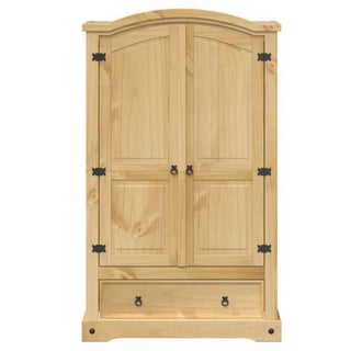 The CHOICEWARDROBE Croydon Pine 2 Door Wardrobe with Drawer features an arched top, black iron detailing, and a natural pine finish, offering elegant bedroom storage in a stylish design.