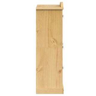 The CHOICEWARDROBE Croydon Pine 2 Door Wardrobe with Drawer is shown from the side, highlighting its light pine finish and wood grain. Its flat base ensures stability, while arched top and black iron detailing add style—cabinet doors are not visible from this angle.