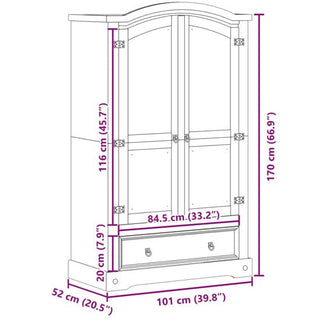 Line drawing of the CHOICEWARDROBE Croydon Pine 2 Door Wardrobe with Drawer, arched top, black iron detailing; 170x101x52 cm, door 116x84.5 cm, drawer height 20 cm—ideal bedroom storage solution.