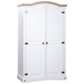 The CHOICEWARDROBE Croydon White & Oak 2 Door Wardrobe features an arched top design, white panel doors, antique brass accents, and a natural oak wood top, standing on a flat base against a plain background.