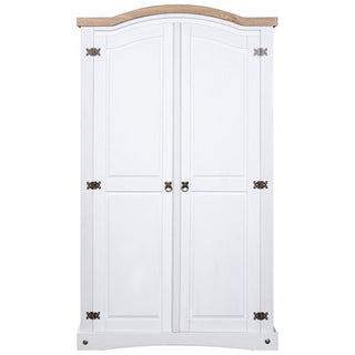 The CHOICEWARDROBE Croydon White & Oak 2 Door Wardrobe features an arched top design, paneled doors with antique brass detailing, metal hinges, and round handles. The natural oak top adds elegance to its classic white finish.