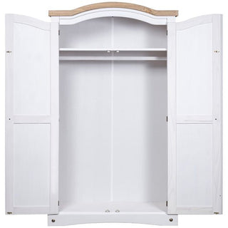 The CHOICEWARDROBE Croydon White & Oak 2 Door Wardrobe features an arched top design with antique brass detailing, two open doors, a wooden trim, upper shelf, and a hanging rail inside. The wardrobe is currently empty.