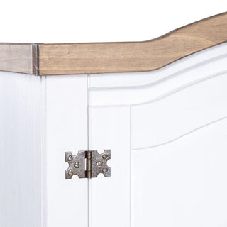 A close-up of the CHOICEWARDROBE Croydon White & Oak 2 Door Wardrobe shows a white cabinet with an arched top, antique brass hinge detailing, and light oak top. The door is slightly open, revealing the elegant hinge attachment.