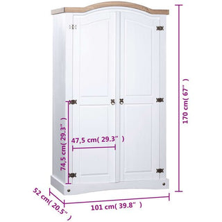The CHOICEWARDROBE Croydon White & Oak 2 Door Wardrobe features an arched top, antique brass detailing, and measures 170cm H x 101cm W x 52cm D. Door panels are 74.5cm and 47.5cm wide; dimensions highlighted with purple lines.