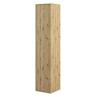 The CHOICEWARDROBE Cyan 1 Door Slim Storage Cabinet features a natural oak finish, measures 45cm wide, and includes 6 shelves. Its compact, minimalist design is ideal for organizing modern spaces.