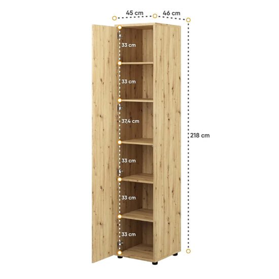 CHOICEWARDROBE Cyan slim storage cabinet, natural oak effect, 45cm wide, 6 shelves, 218cm H x 46cm D.