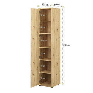 The CHOICEWARDROBE Cyan 1 Door Slim Storage Cabinet in natural oak effect features six shelves and measures 218cm high, 45cm wide, and 46cm deep. Shelf heights are mostly 33cm, with one at 37.4cm—perfect for compact organisation.