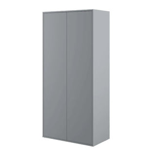 The CHOICEWARDROBE Cyan 2 Door Hinged Wardrobe in grey (101cm wide) features a tall, rectangular design with plain doors and no visible handles, ideal for sleek modern bedroom storage against a white background.