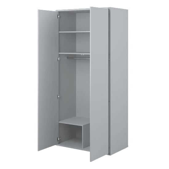 CHOICEWARDROBE grey 2 door hinged wardrobe, shown with doors open revealing shelves and hanging rail.