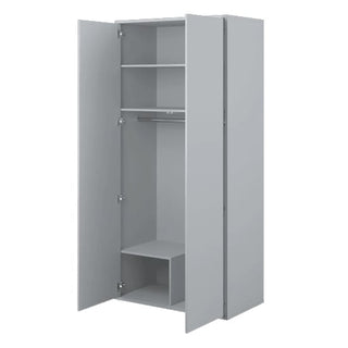 The CHOICEWARDROBE Cyan 2 Door Hinged Wardrobe in Grey (101cm width) features two open doors, top shelves, a hanging rod below, and two bottom compartments for practical modern bedroom storage.