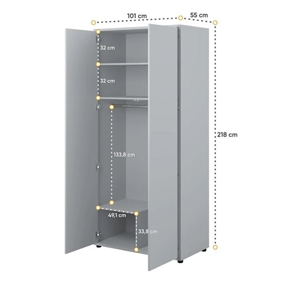CHOICEWARDROBE Cyan 2 Door Hinged Wardrobe in Grey, 101cm wide, with internal dimensions shown.