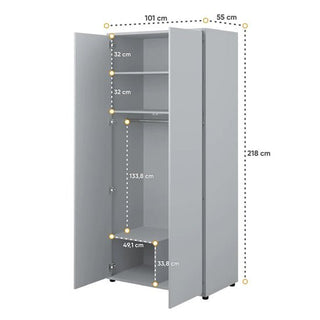 The CHOICEWARDROBE Cyan 2 Door Hinged Wardrobe in Grey (101cm wide) stands tall with open doors, showcasing shelves, a hanging rod, and clearly labeled internal measurements—ideal for modern bedroom storage. Size: 218h x 101w x 55d cm.