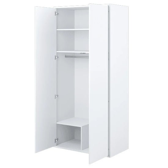 White two-door hinged wardrobe with shelves and hanging rail