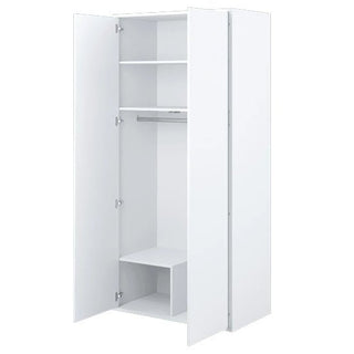 The CHOICEWARDROBE Cyan 2 Door Hinged Wardrobe in white (101cm wide) offers simple, modern bedroom storage with two doors, two upper shelves, a hanging rail, a lower bench, and two lower cubby compartments.