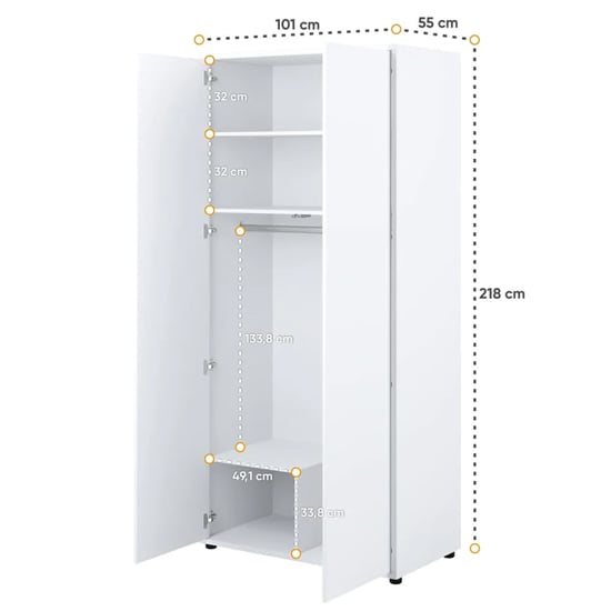 White two-door hinged wardrobe with open doors showing shelves and hanging rail. 218x101x55 cm.