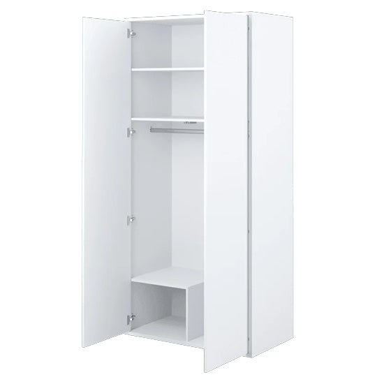 White high gloss 2 door wardrobe with open doors showing hanging rail and shelves.