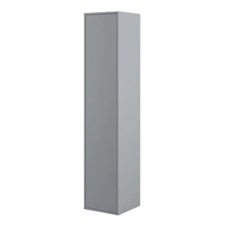 The CHOICEWARDROBE Cyan 45cm High Gloss Single Door Wardrobe is a slim grey storage cupboard with shelves, ideal for saving space in bedrooms. Shown here against a white background, it offers practical and stylish storage.