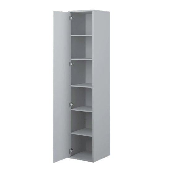 Slim single door grey wardrobe with five internal shelves, push-to-open door.