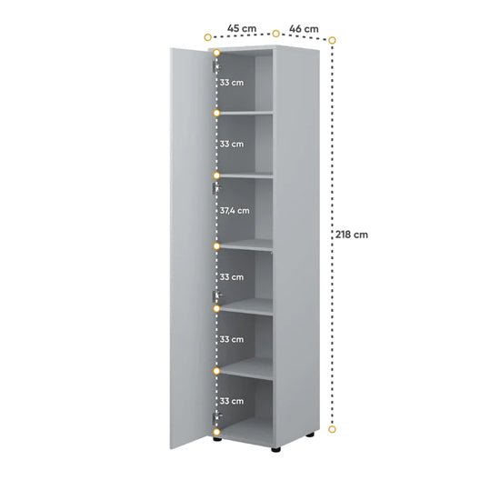 Slim grey single door wardrobe with 5 shelves. Dimensions: 45cm W x 46cm D x 218cm H.