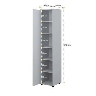 The CHOICEWARDROBE Cyan 45cm High Gloss Single Door Wardrobe is a slim grey cupboard with six shelves (mostly 33 cm high, middle shelf 37.4 cm) for versatile storage. Size: 218h x 46d x 45w cm—perfect space-saving bedroom furniture.