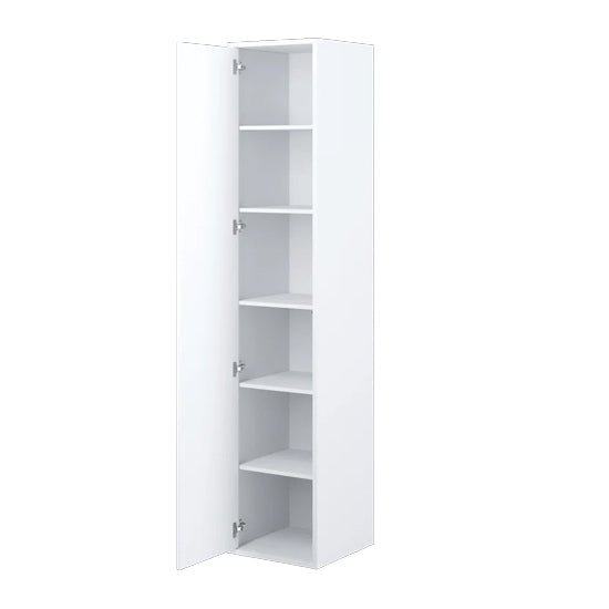 Slim white high gloss single door wardrobe with open shelves