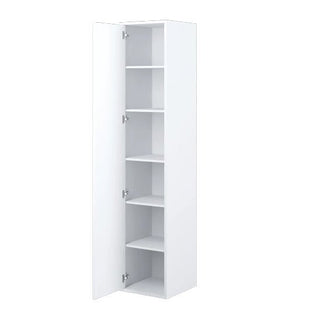 The CHOICEWARDROBE Cyan 45cm High Gloss Single Door Wardrobe is a slim white storage cupboard with shelves, offering space-saving, modern bedroom furniture and a spacious interior in a simple, contemporary design.
