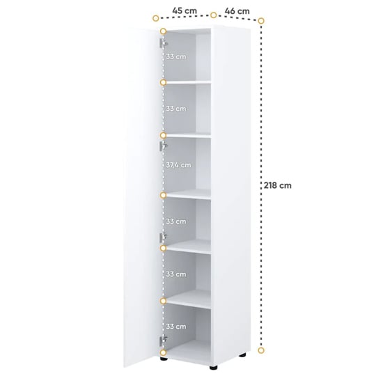 CHOICEWARDROBE Cyan slim single door white wardrobe, 218cm high, open showing 6 shelves.